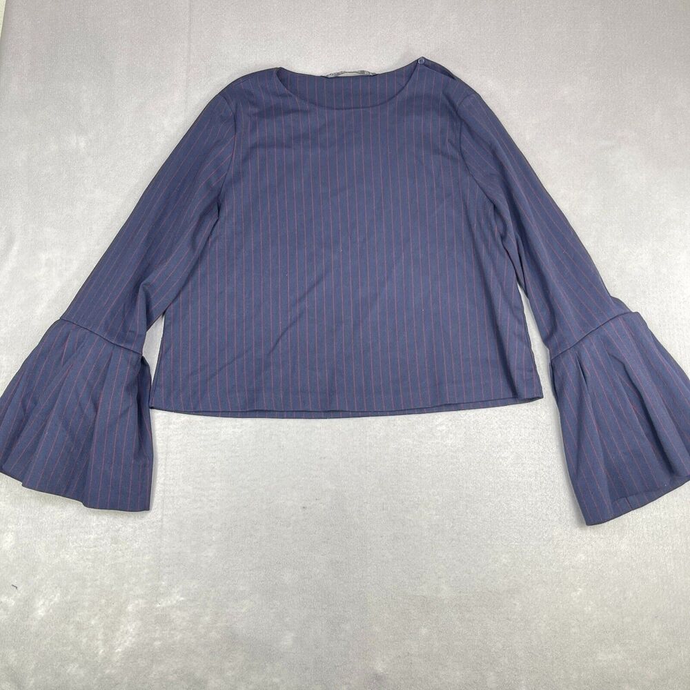 ZARA Trafaluc Womens Blue Red Pinstripe Blouse Flutter Long Sleeve Sz L
